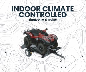 A black and red ATV is displayed on a white background with the title "INDOOR CLIMATE CONTROLLED" above it.
